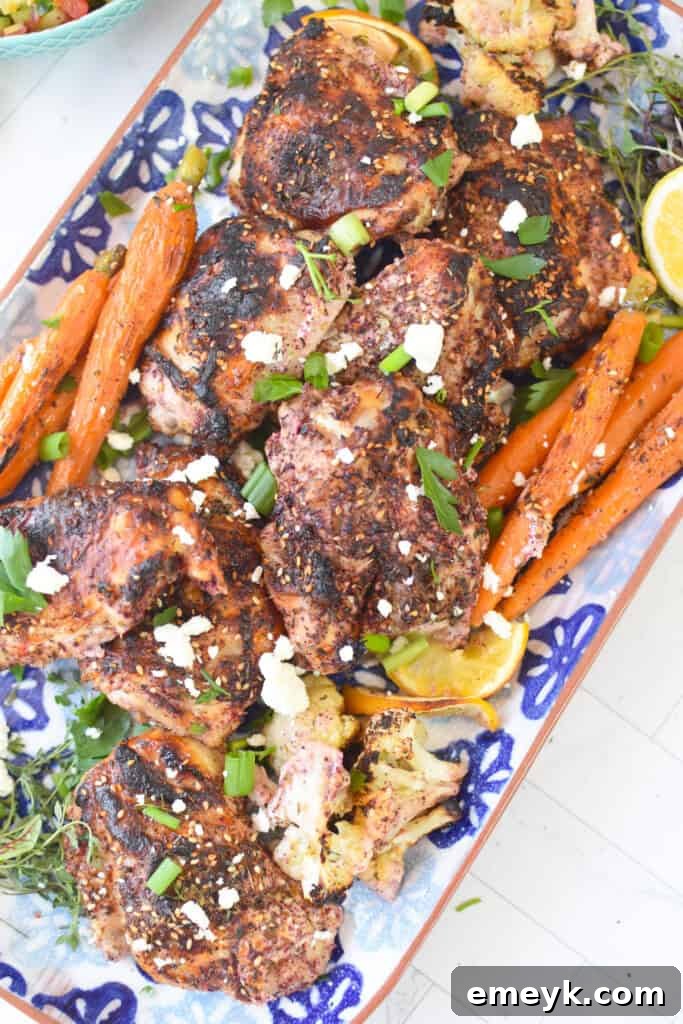 Sheet Pan Za’atar Chicken on white and blue platter