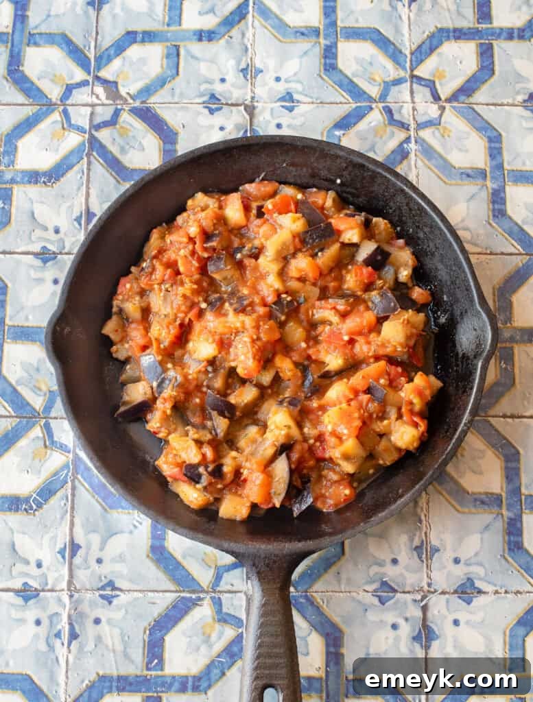 Skillet Tomato and Eggplant in skillet
