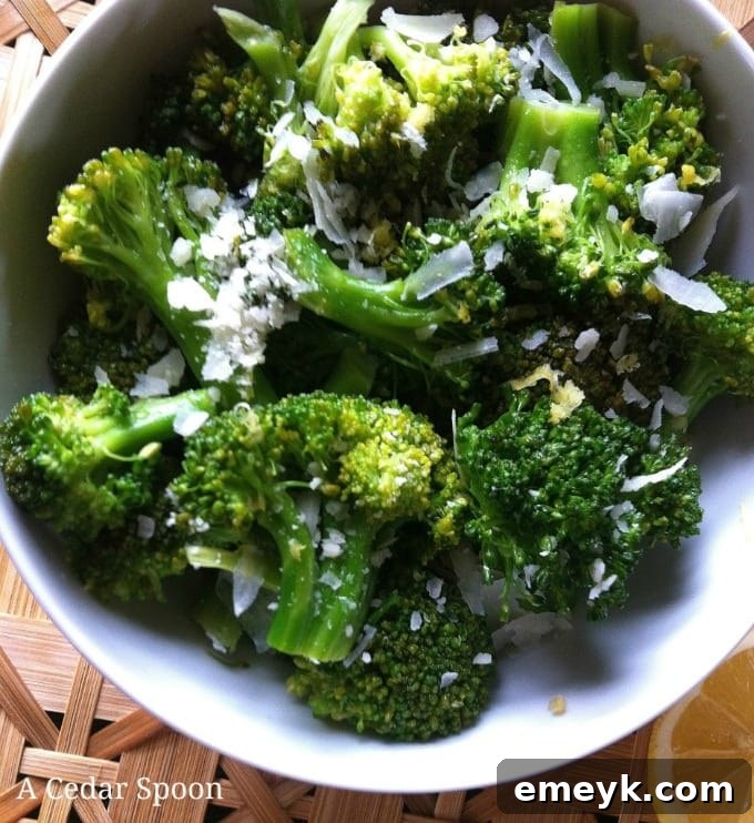 Roasted Lemon Parmesan Broccoli 2 Deliciously seasoned Lemon Parmesan Broccoli in a serving bowl, ready to be enjoyed.