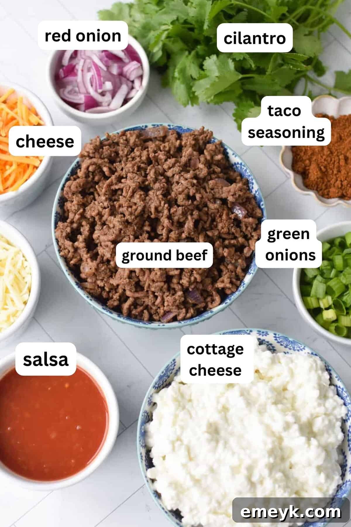 Beefed-Up Cottage Cheese Queso 3 Cottage Cheese Queso recipe ingredients in bowls