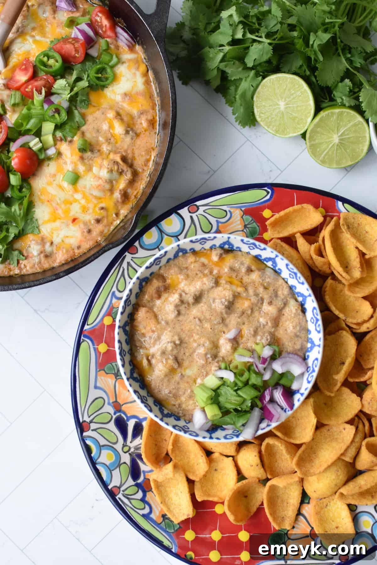 Beefed-Up Cottage Cheese Queso 5 Cottage Cheese Queso in a small bowl with chips.