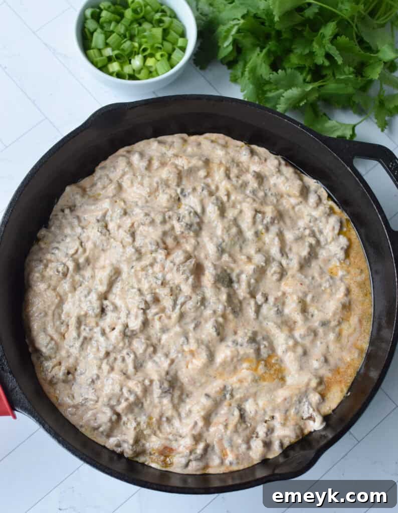 Beefed-Up Cottage Cheese Queso 7 Ground beef and cheese queso mixture in a cast iron skillet before baking.