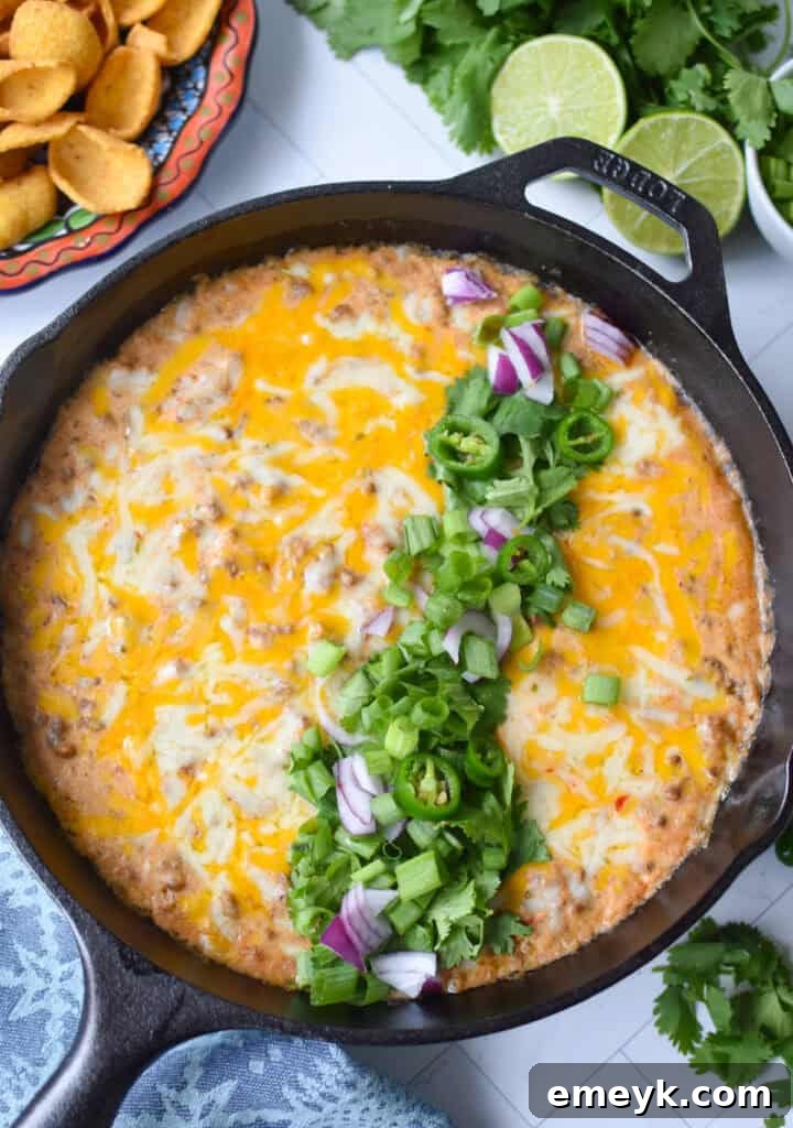 Beefed-Up Cottage Cheese Queso 9 Ground beef and cheese melted in a cast iron skillet with fresh cilantro, green onion and red onion garnishes.