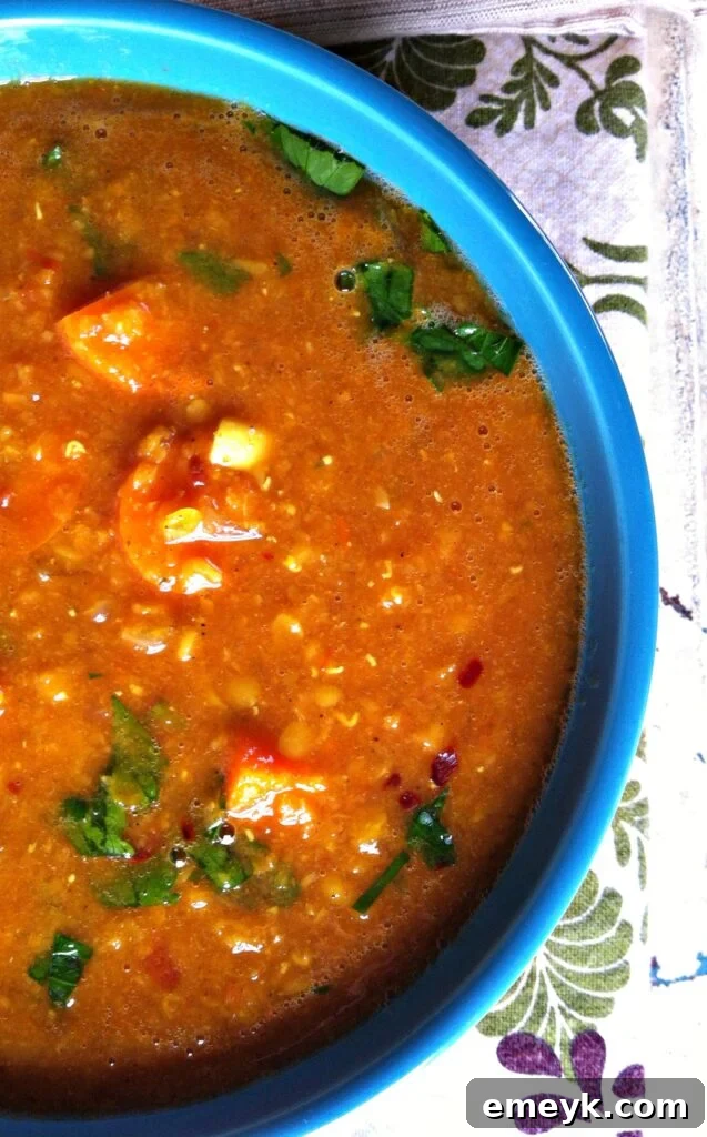 Moroccan Red Lentil Soup in blue bowl