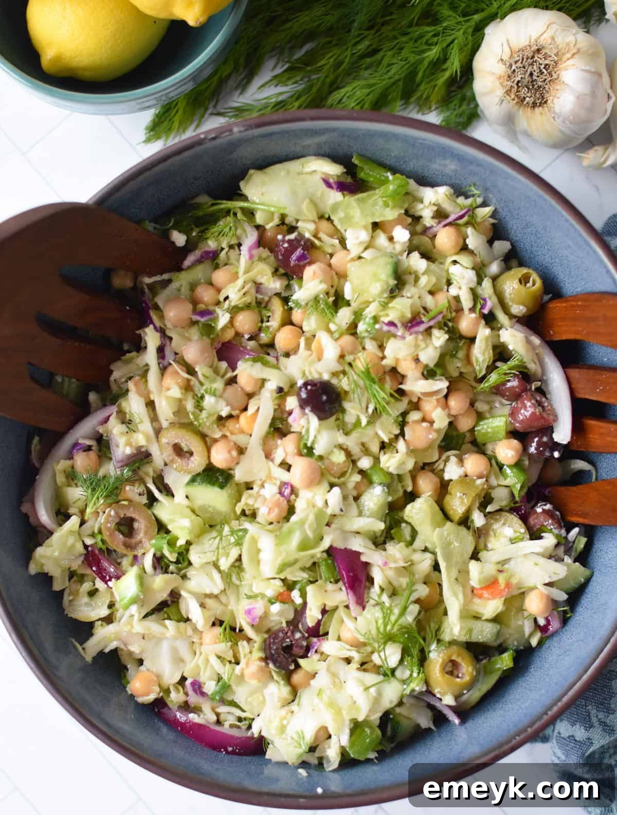 Bowl of Lahanosalata, the traditional Greek cabbage salad, ready to be enjoyed.