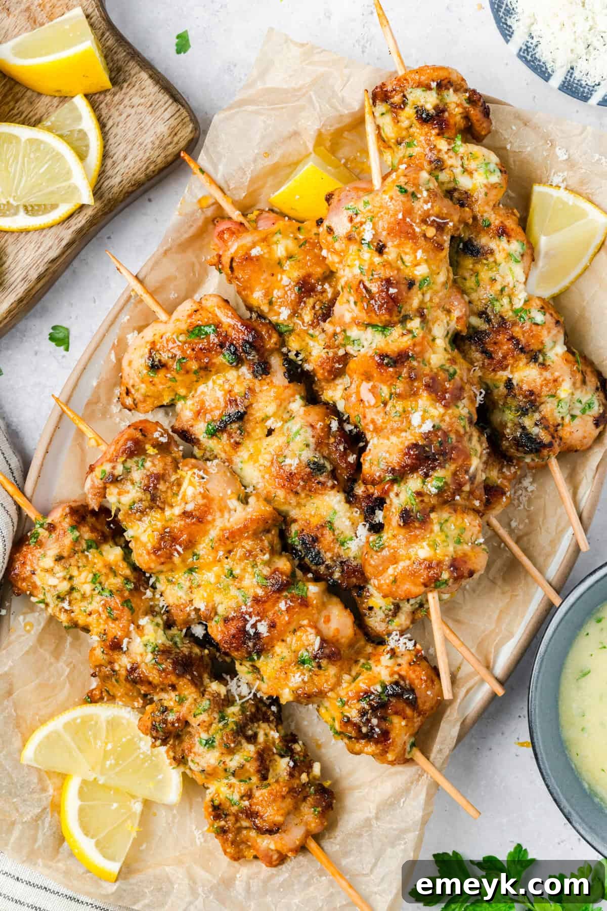 Close-up of grilled chicken skewers with melted Parmesan, garlic, and butter sauce glistening on them.