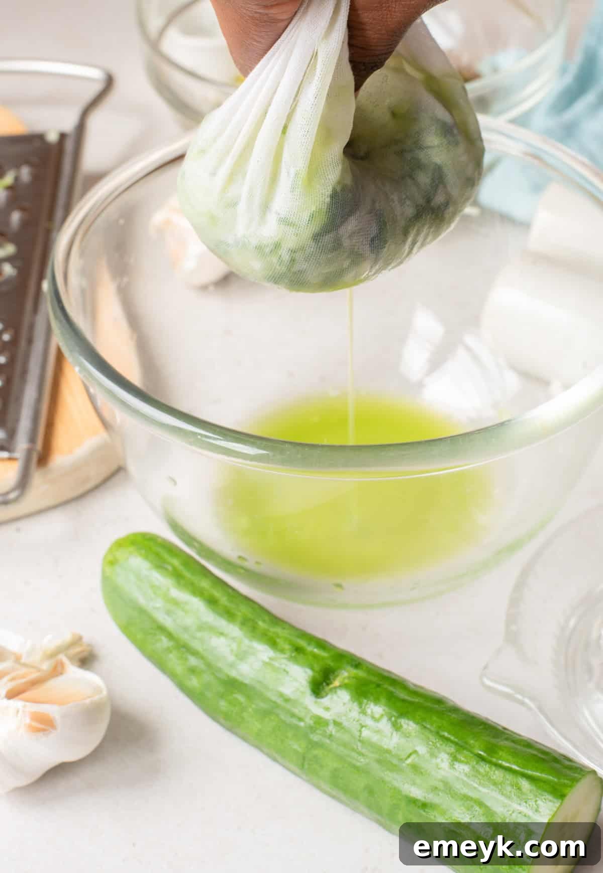 Greek Style Yogurt Dip: Draining excess water from grated cucumber