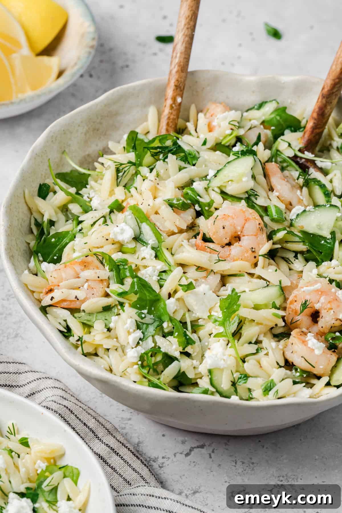 Lemon Shrimp Orzo Salad in a large white bowl