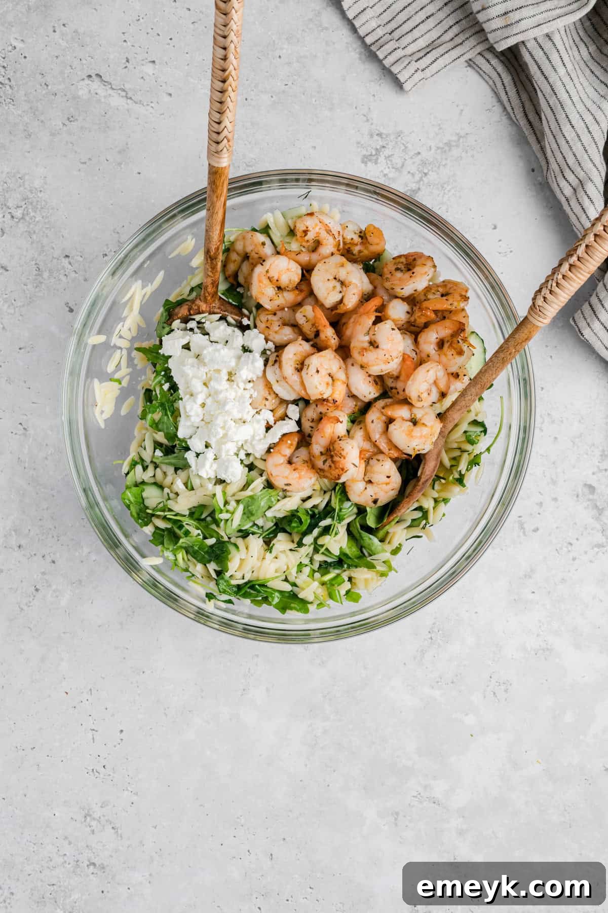 Easy Shrimp and Orzo Salad ingredients in a clear bowl