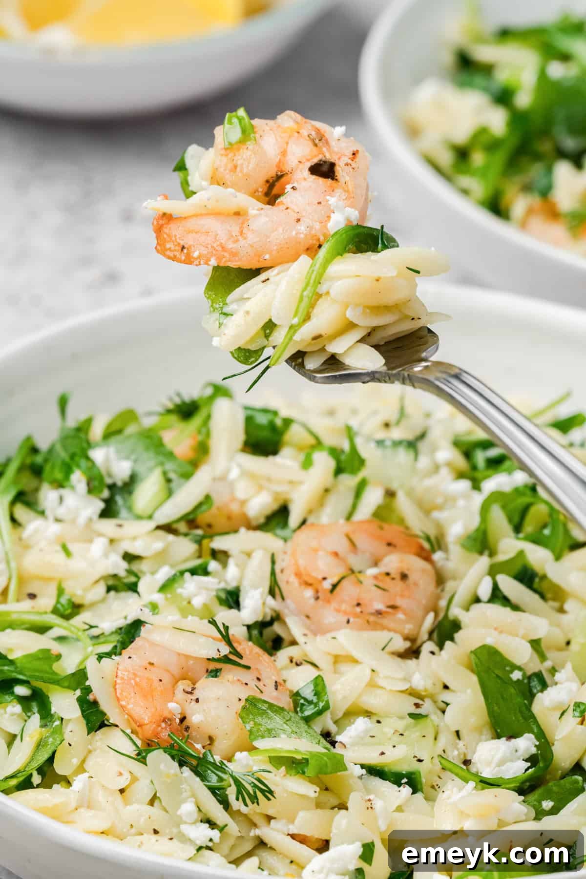 Shrimp Orzo Salad with fork holding shrimp