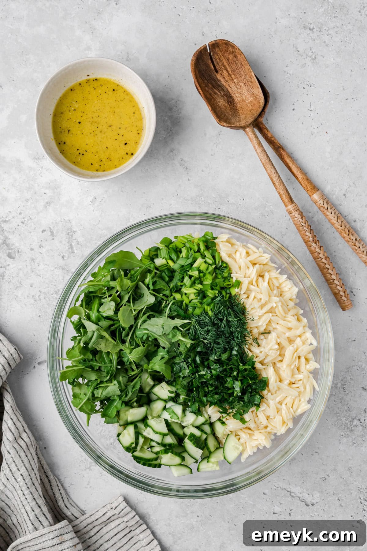 Shrimp Orzo and Pasta Salad in a clear bowl