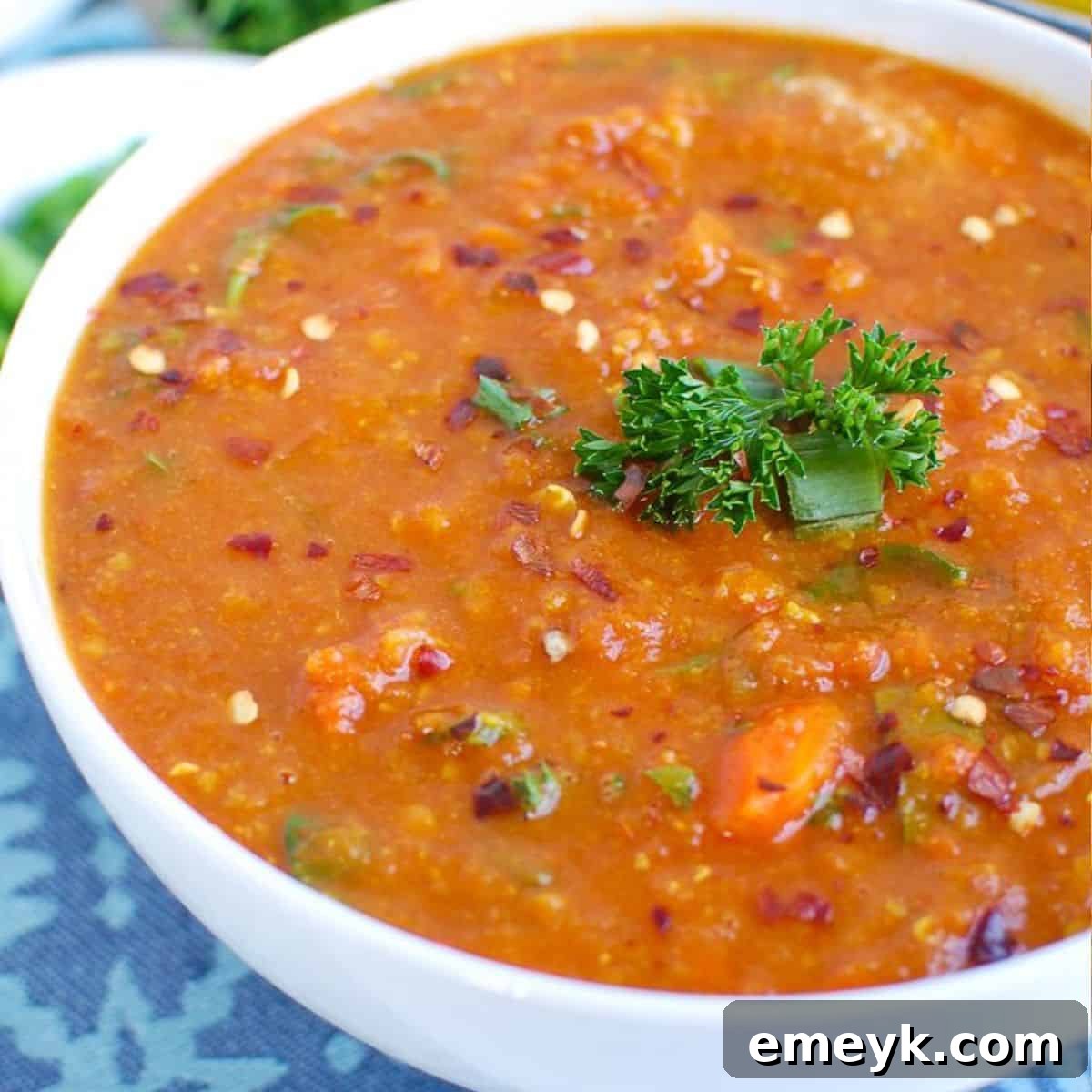Comforting Slow Cooker Lentil Soup, ready to serve.
