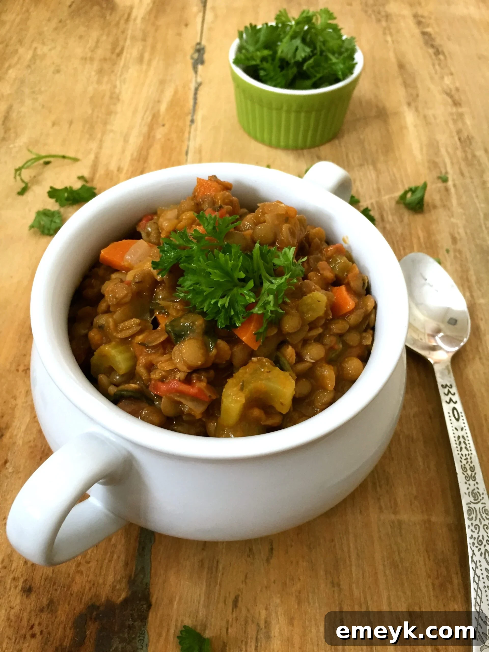 Green Lentil Spinach Soup, served with a spoon.