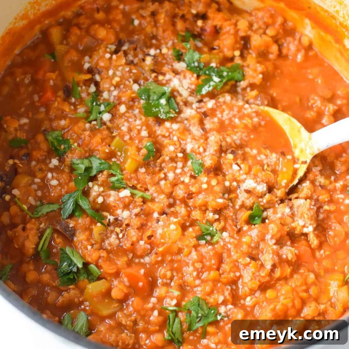 A rustic bowl of Lentil Sausage Soup, perfect for a hearty meal.