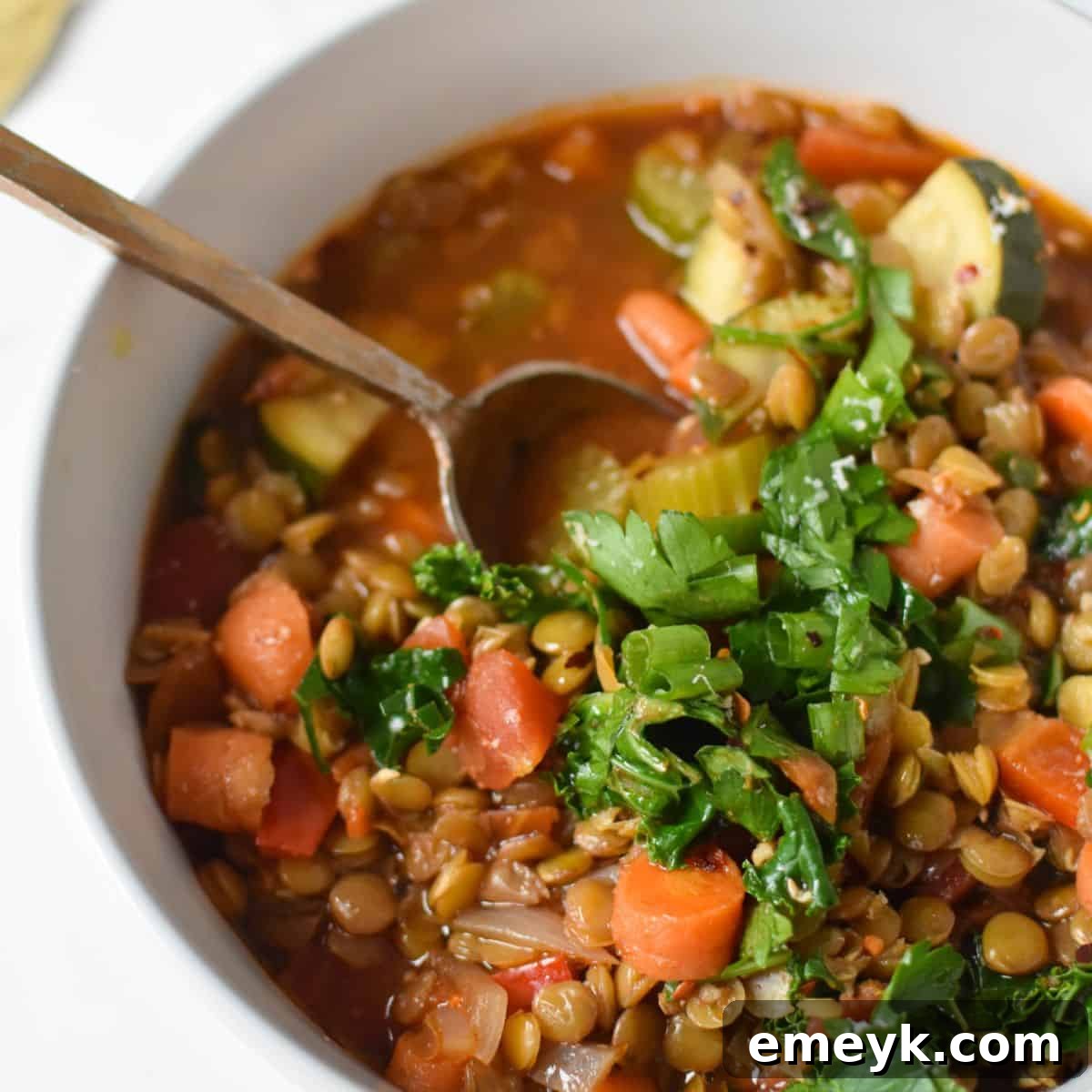 Hearty Italian Style Lentil Soup, topped with parmesan.