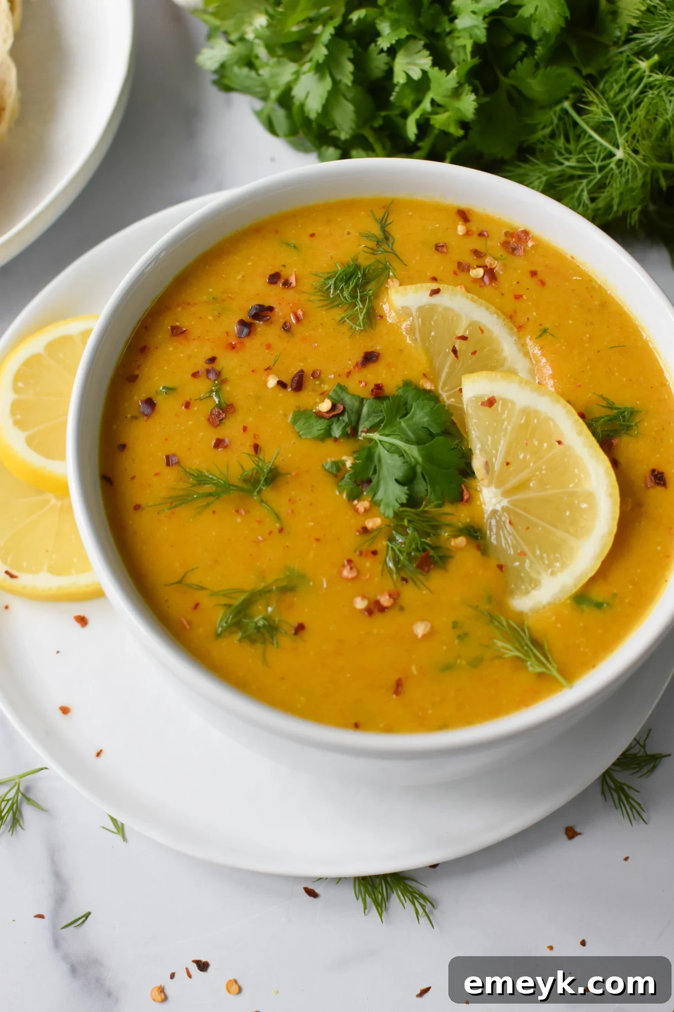 Zesty Lemon Lentil Soup with fresh cilantro and dill.