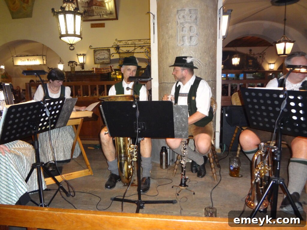 Traditional German band performing live in a Munich beer hall, adding to the festive ambiance