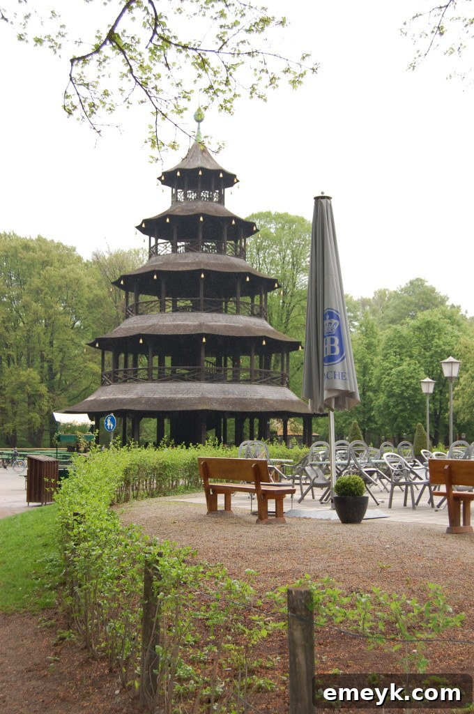 The historic Chinese Tower at the center of a popular beer garden in Englischer Garten, Munich