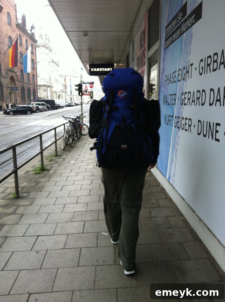 Traveler's backpack ready for adventure in Munich, Germany