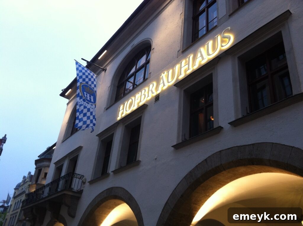Interior of the historic Hofbräuhaus beer hall in Munich, Germany, bustling with patrons