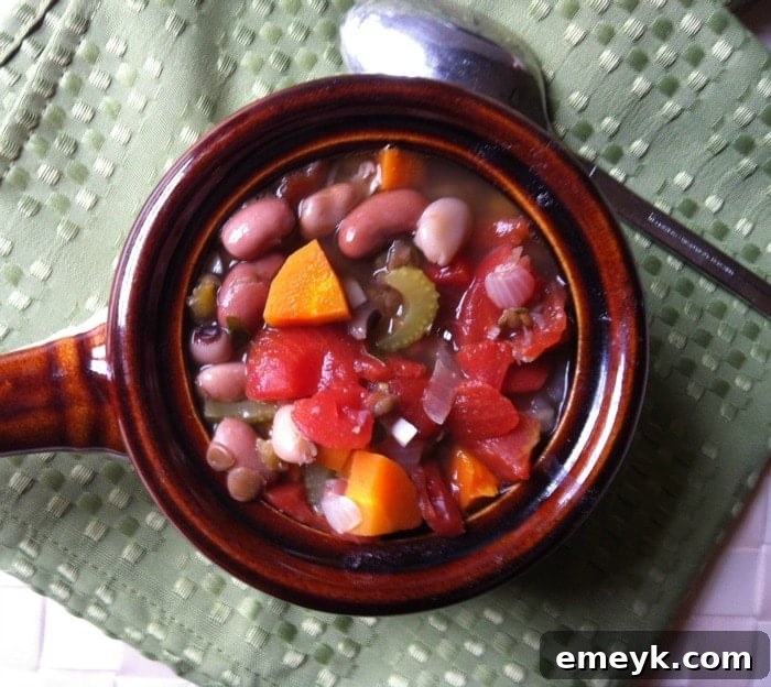 A vibrant bowl of vegetarian 15 bean soup, highlighting its fresh ingredients and healthy appeal.