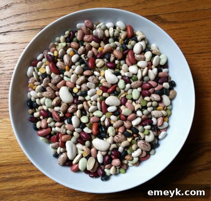 A clear shot of the various dried beans that make up a 15 Bean Soup mix, showing the diversity of legumes.