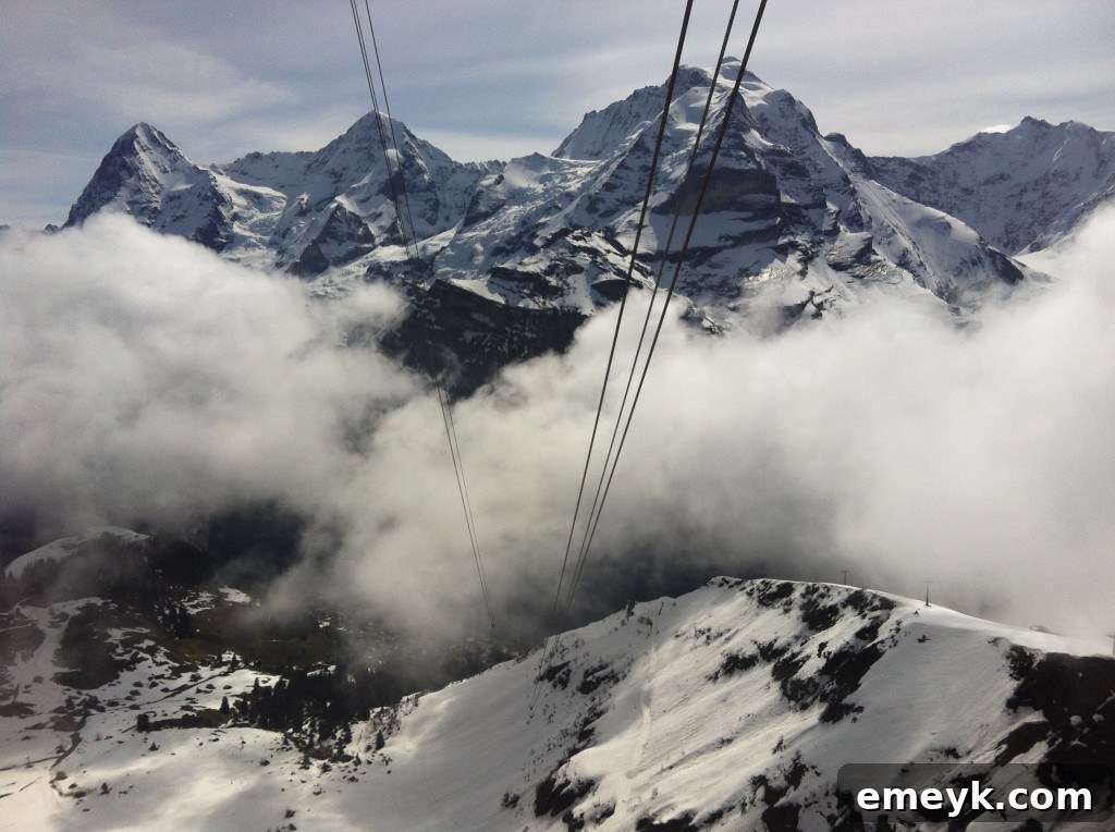 Stunning panoramic view from the Schilthorn summit, showing vast snow-covered Swiss Alps