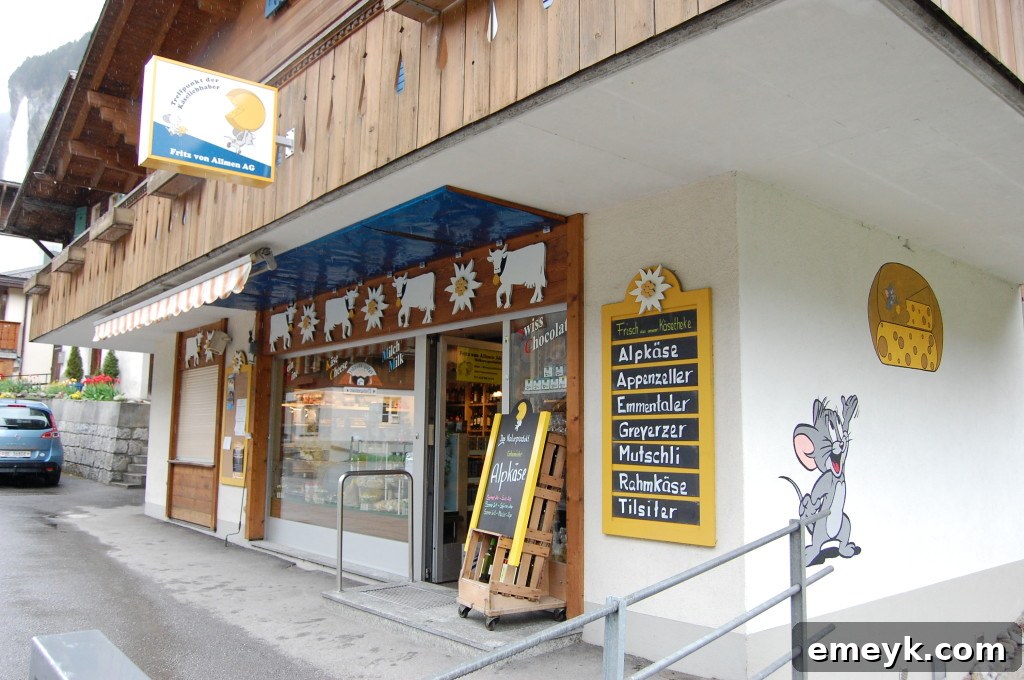 Exterior of a traditional Swiss cheese shop in Lauterbrunnen, showcasing local produce