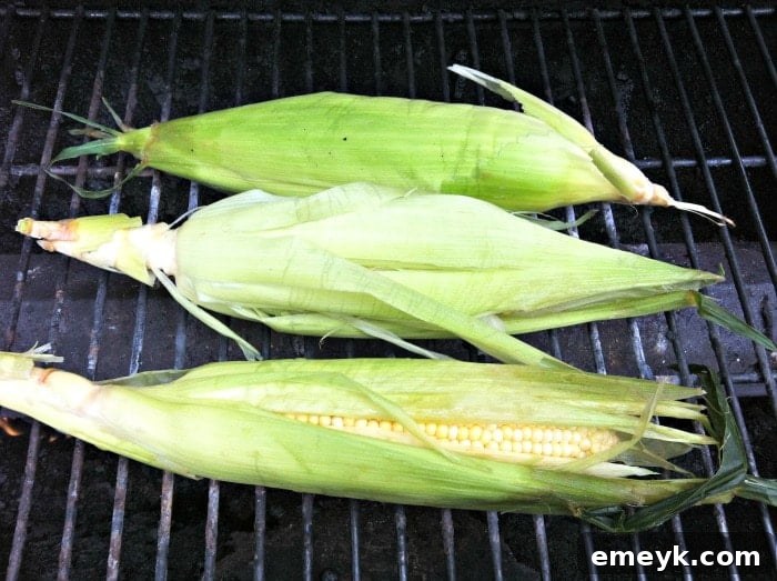 Fresh sweet corn on the grill for making grilled corn salsa