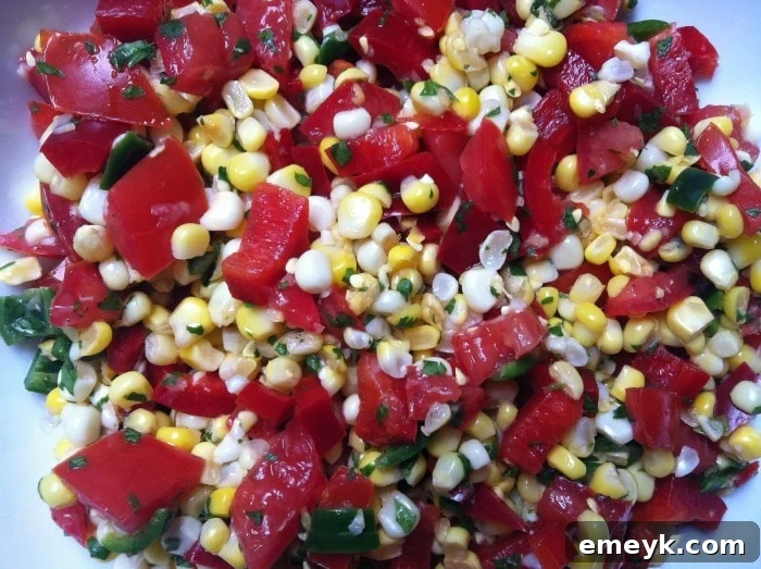 Close-up of the finished Grilled Corn Salsa in a bowl