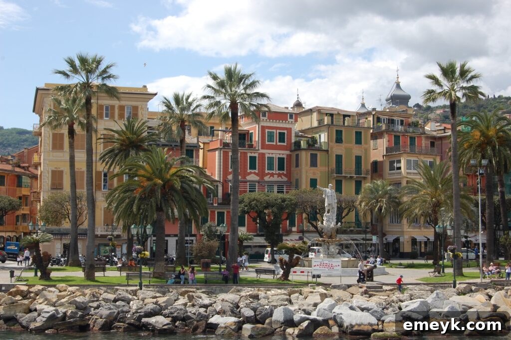 Charming street scene in Santa Margherita Ligure with traditional Italian architecture and blooming flowers