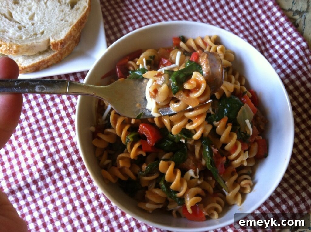 bowl of Skillet Sausage and Spinach Pasta