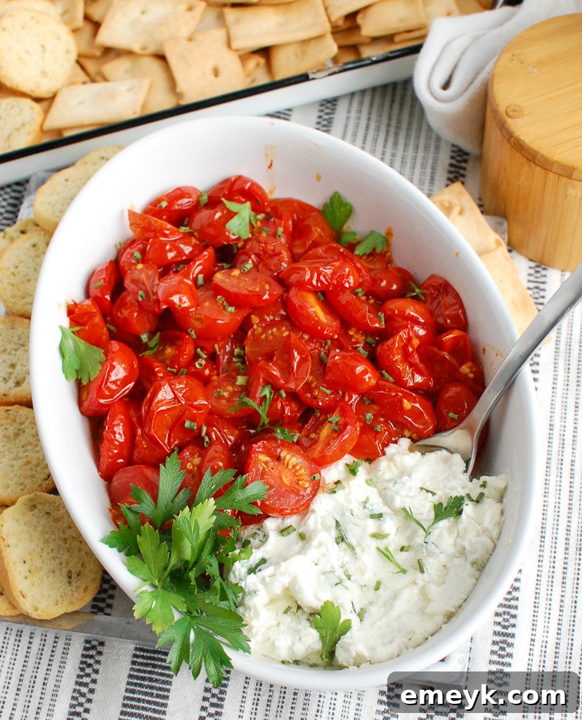Creamy Chèvre and Blistered Tomato Dip 2 A close-up of the bubbling Goat Cheese and Roasted Tomato Dip, ready to be served.