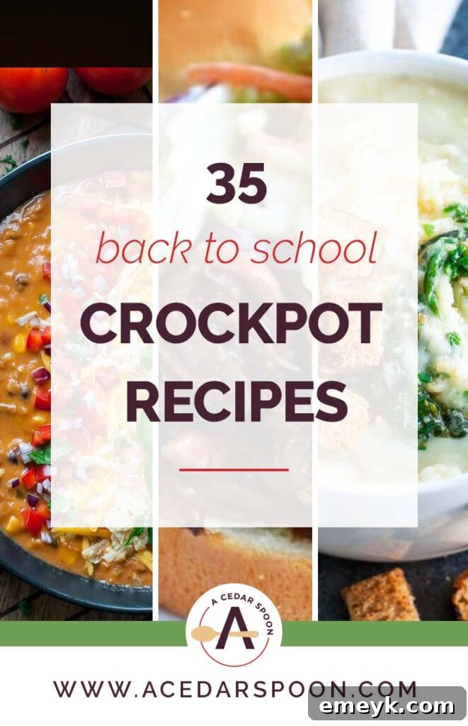 35 Stress Free Crockpot Meals for Back to School 2 A vibrant collage showcasing various back to school crockpot recipes like slow cooker chicken, beef, and vegetable dishes, emphasizing easy weeknight meals for busy families.