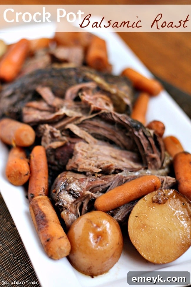 35 Stress Free Crockpot Meals for Back to School 14 Tender Crock-Pot Balsamic Roast from Julie's Eats and Treats, a savory and easy dinner option for families.
