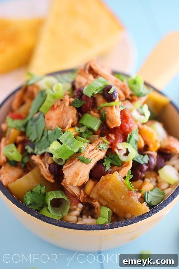 35 Stress Free Crockpot Meals for Back to School 17 Vibrant Santa Fe Chicken from The Comfort of Cooking, a zesty and easy crockpot meal with Tex-Mex flair.