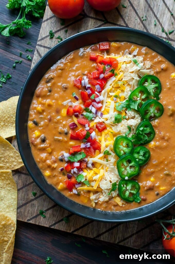 35 Stress Free Crockpot Meals for Back to School 5 Delicious Slow Cooker Vegetarian Lentil Tortilla Soup from Peas & Crayons, a healthy and comforting meal for any night.