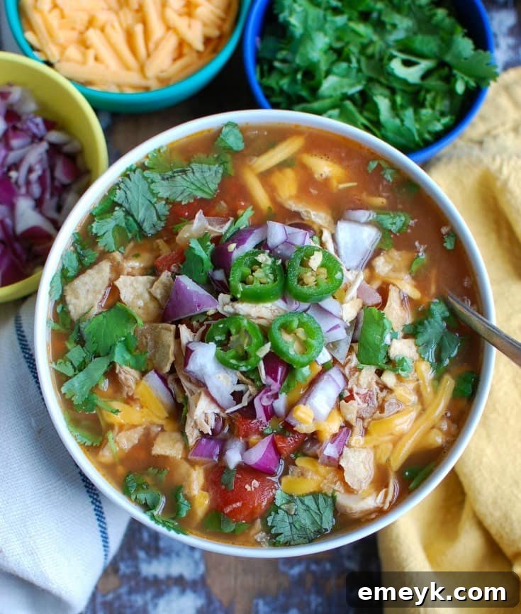 35 Stress Free Crockpot Meals for Back to School 7 Comforting Slow Cooker Chicken Tortilla Soup from A Cedar Spoon, a hearty and flavorful dish perfect for family dinners.