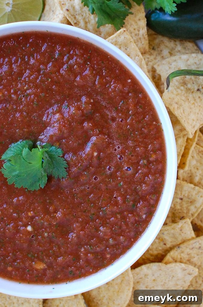 Homemade Salsa in a white bowl, garnished with fresh cilantro and ready for serving