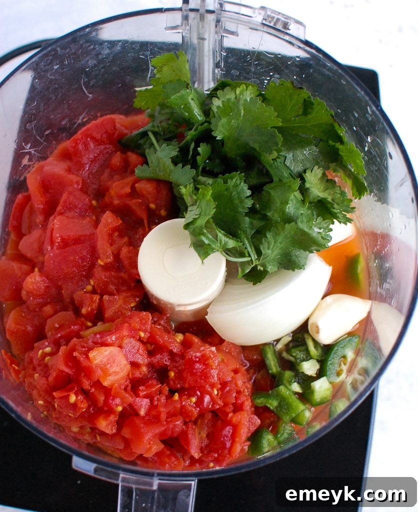 Homemade Salsa ingredients laid out on a cutting board, including canned tomatoes, jalapeños, onions, garlic, and cilantro