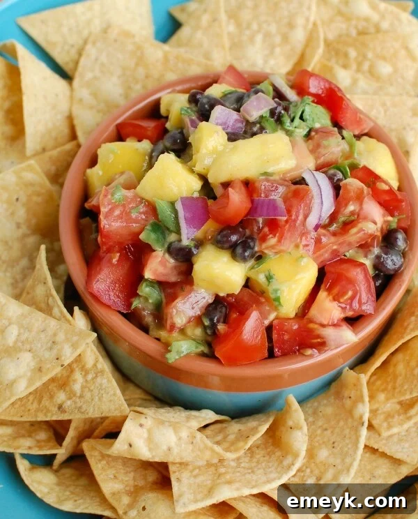 Close-up of vibrant Mango and Black Bean Salsa in a serving bowl