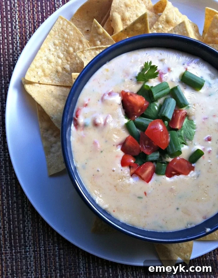 Serving Queso Blanco Dip with tortilla chips, highlighting its creamy texture.