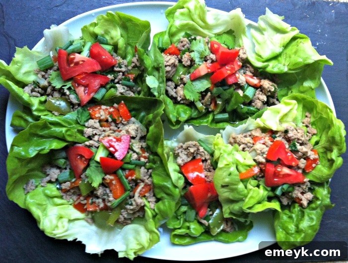 Delicious Thai Turkey Lettuce Wraps arranged beautifully for a healthy and vibrant meal, showcasing the fresh lettuce and savory turkey filling.