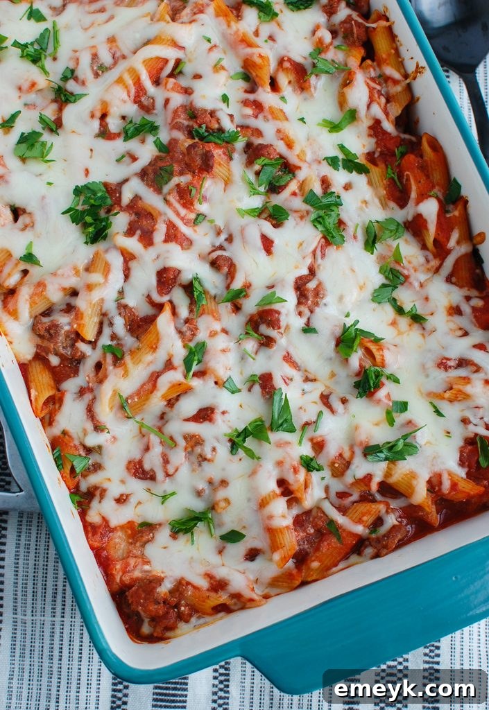 Baked Ziti with Ricotta in baking dish, hot and fresh from the oven