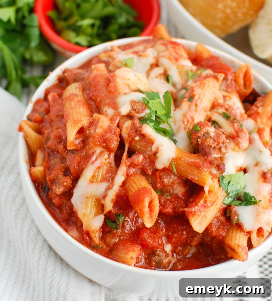 Individual serving of Baked Ziti with Ricotta in a white bowl