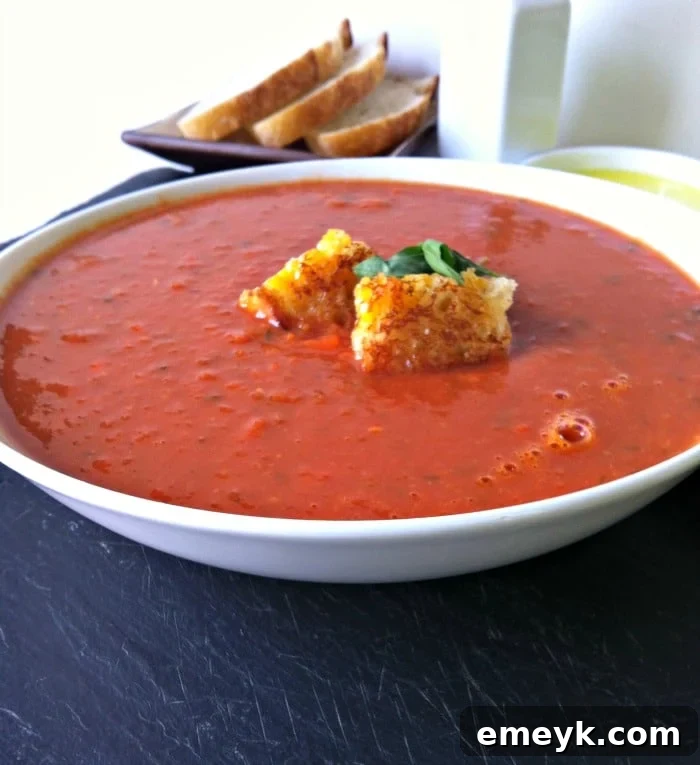 Close-up view of creamy Tomato White Bean Soup garnished with a swirl of fresh herbs and a drizzle of olive oil, highlighting its rich texture.