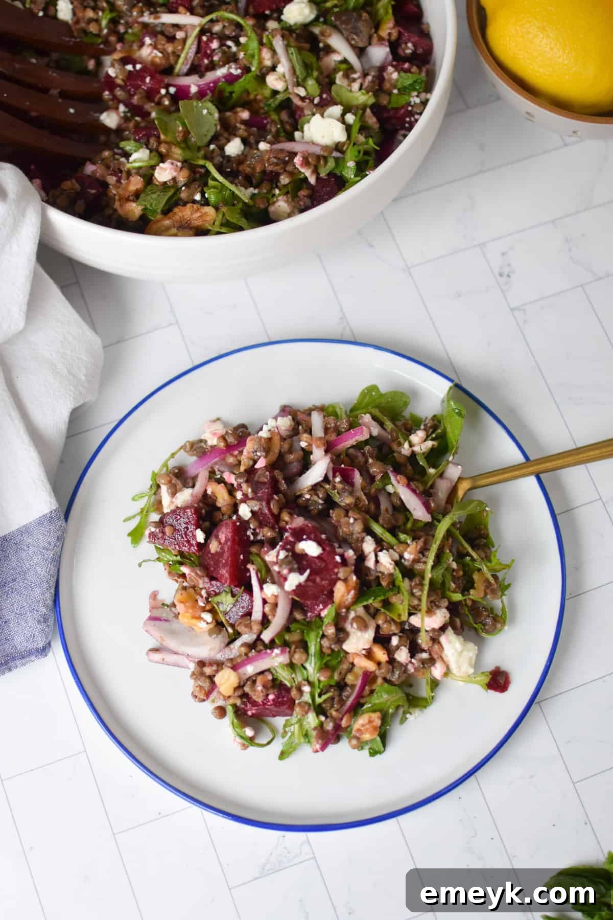 A small white plate showcasing the vibrant Mediterranean Lentil Beet Salad, garnished with fresh herbs.