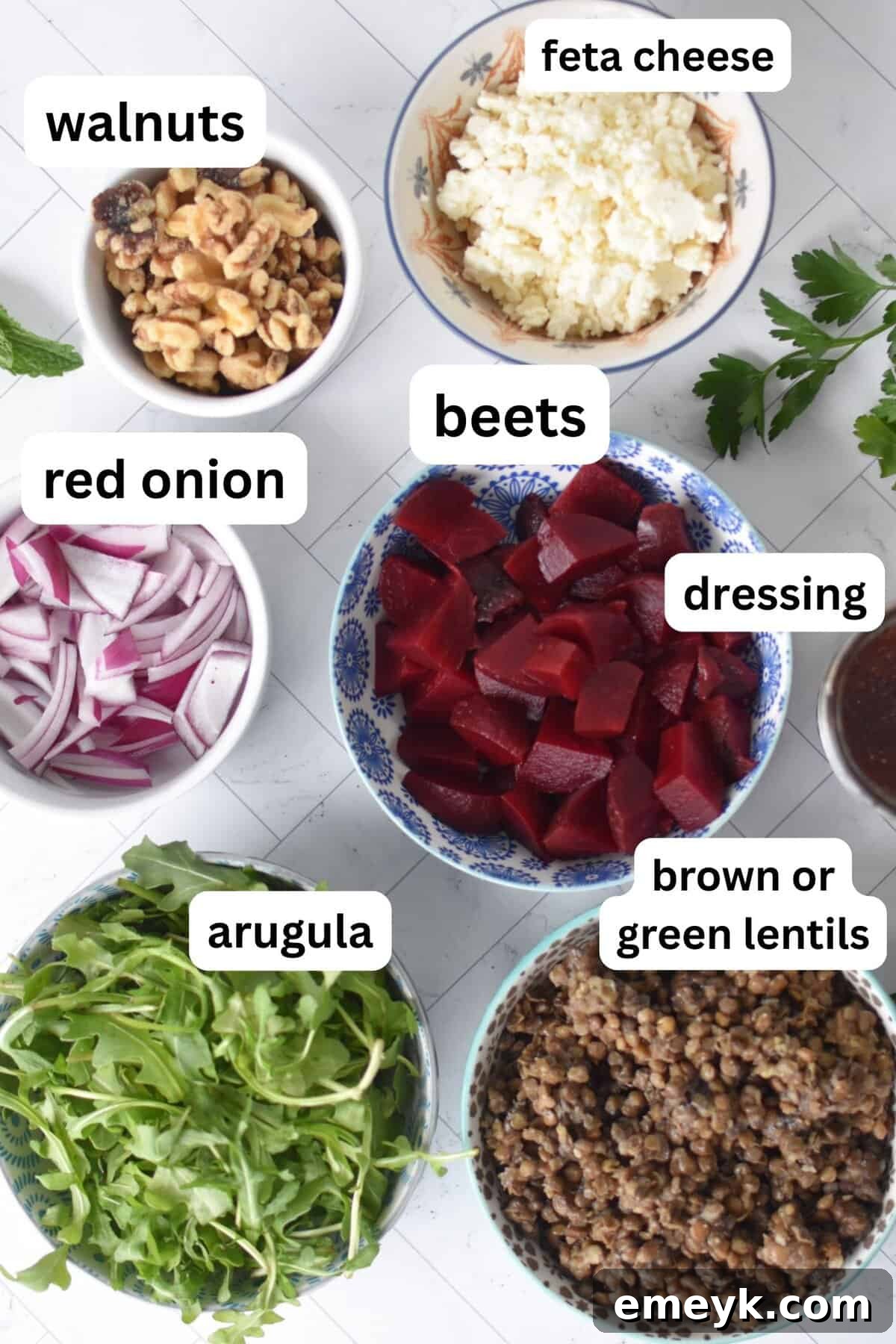 A flat lay photograph of all the fresh ingredients needed for Lentil and Beet Salad, neatly arranged.