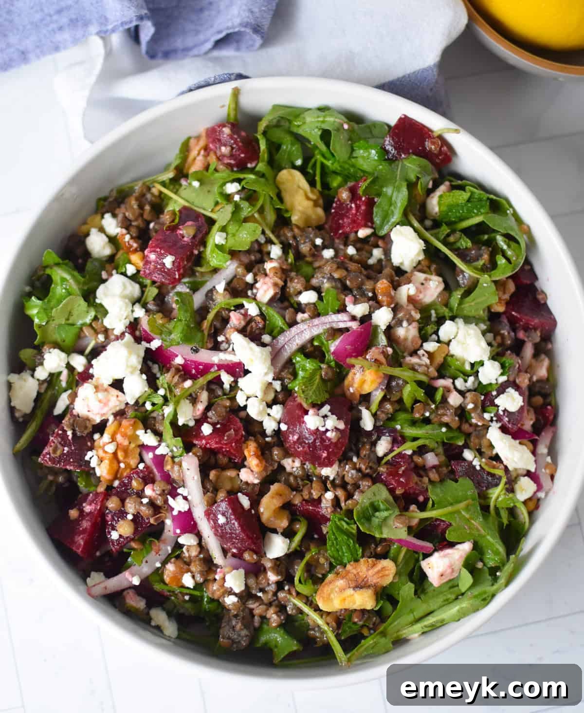 A close-up shot of the healthy Lentil Salad with Beets, showcasing its texture and deliciousness.