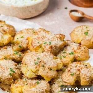 Garlic Parmesan Smashed Potatoes on a board